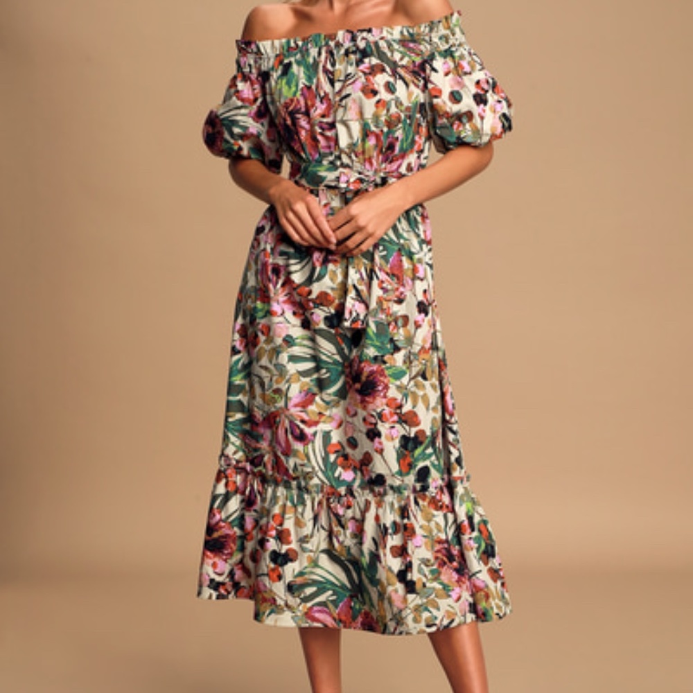 She's the One Beige Floral Print Off-The-Shoulder